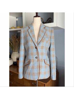 Bariloche Spain Tweed Check Blazer Jacket Size FR 38 Blue Brown Beige